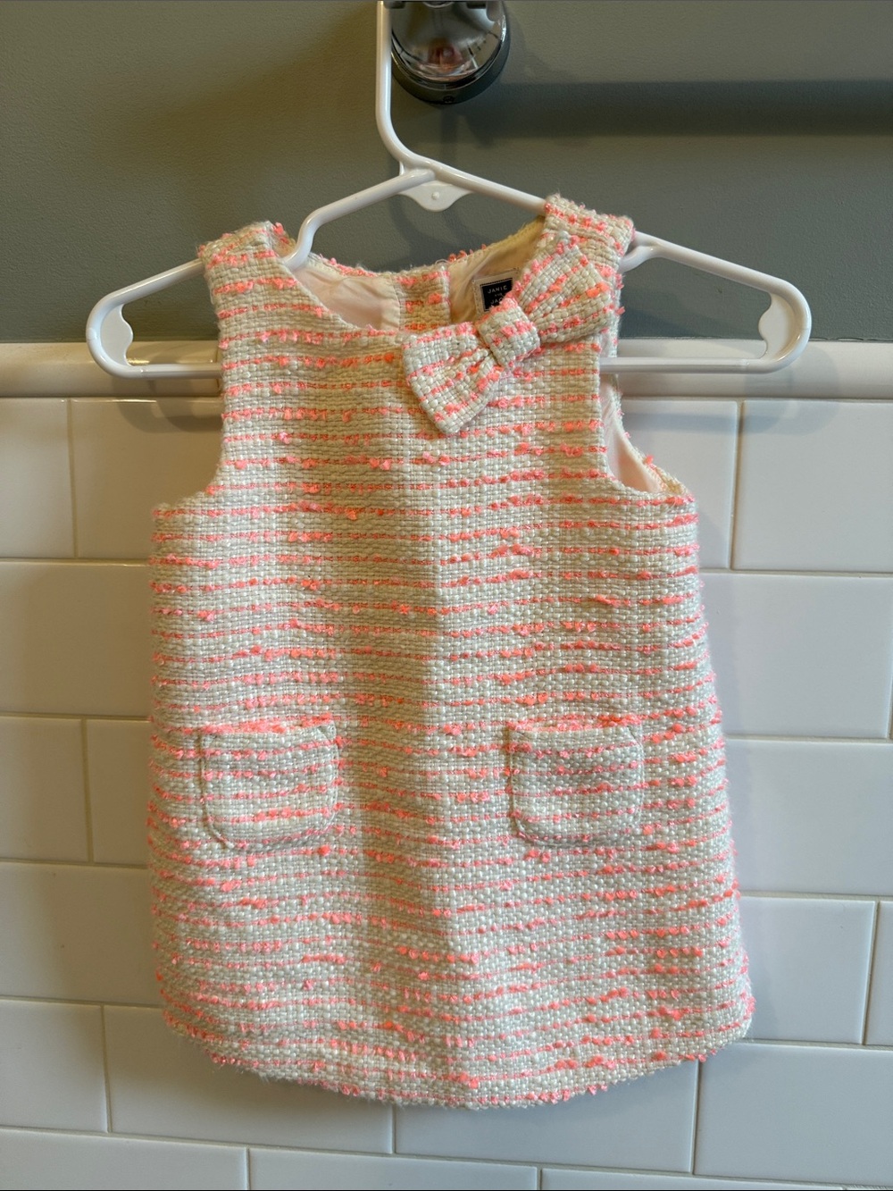 Janie and Jack Girls Cream and Pink Tweed Bow Dress - 3 to 6 months
